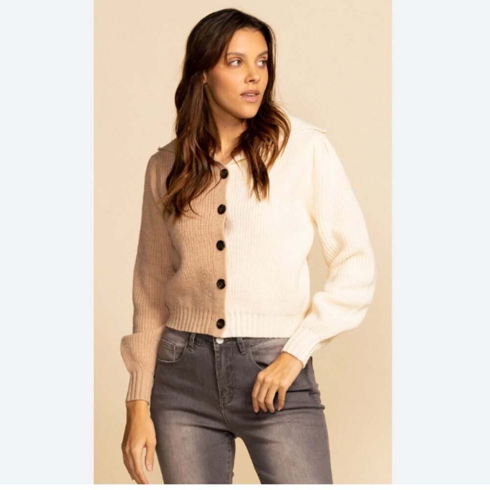 PINK MARTINI - Amy Button-Up Two-Toned Knit Sweater - Taupe/Cream - XXS - Picture 2 of 10